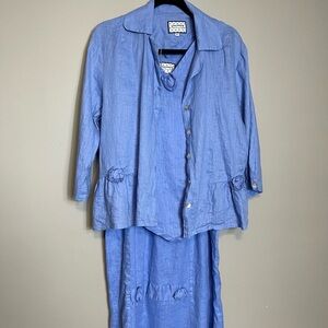 Cottage Clothing Inc Periwinkle 3 pc Size Medium 100% Linen Blouse Skirt Jacket